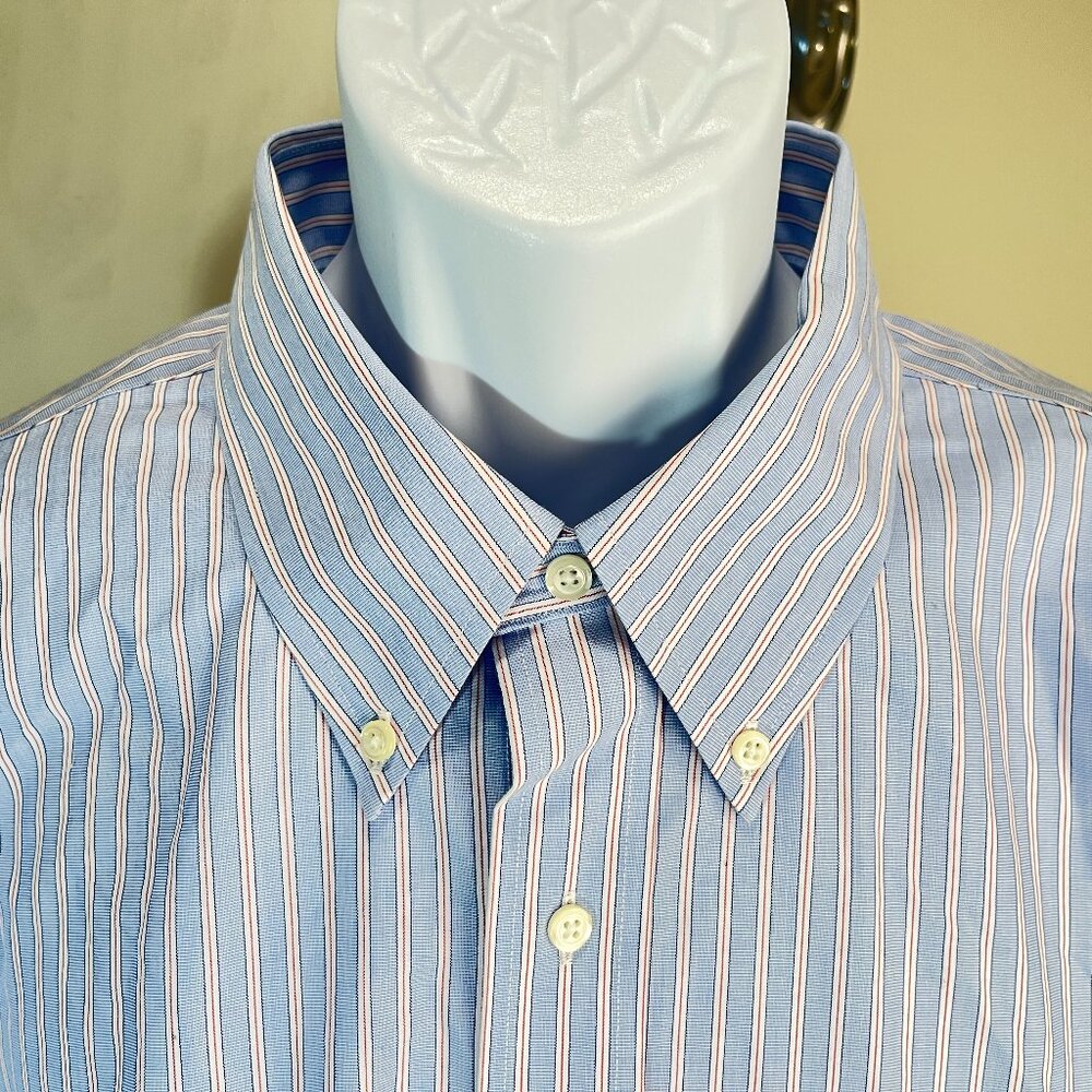 👔 Brooks Brothers Men’s Blue White Red Stripe Non-Iron Regent Dress Shirt 18 34